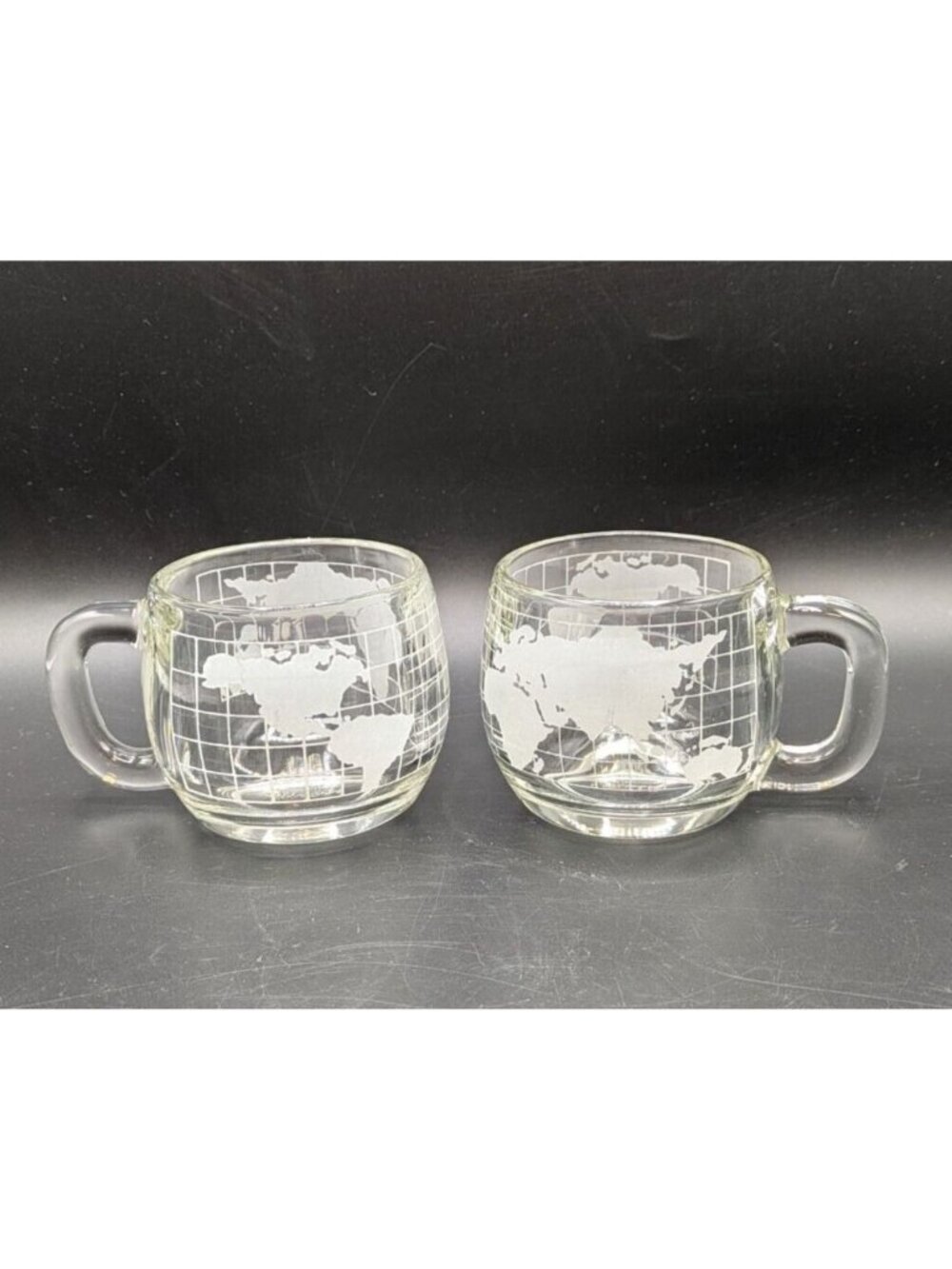 Vintage 70s Nestle Etched Glass World Globe Mugs Taste Your Way Set of 2